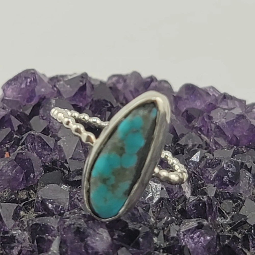 TURQUOISE BOHEMIAN HANDMADE RING IN .925 STERLING SILVER METAL SIZE 7.5